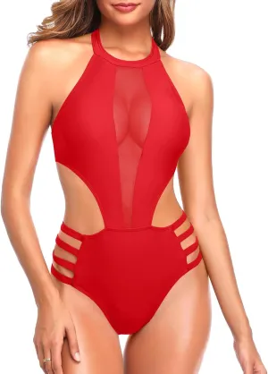 Tempt Me Women One Piece Sexy Mesh Swimsuit High Neck Halter Cutout Monokini Swimwear