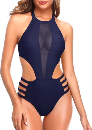 Tempt Me Women One Piece Sexy Mesh Swimsuit High Neck Halter Cutout Monokini Swimwear