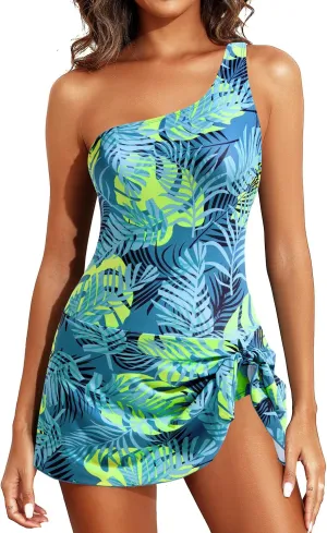 Tempt Me Women One Piece Swim Dress One Shoulder Swimsuit with Skirt Tummy Control Swimdress Bathing Suit