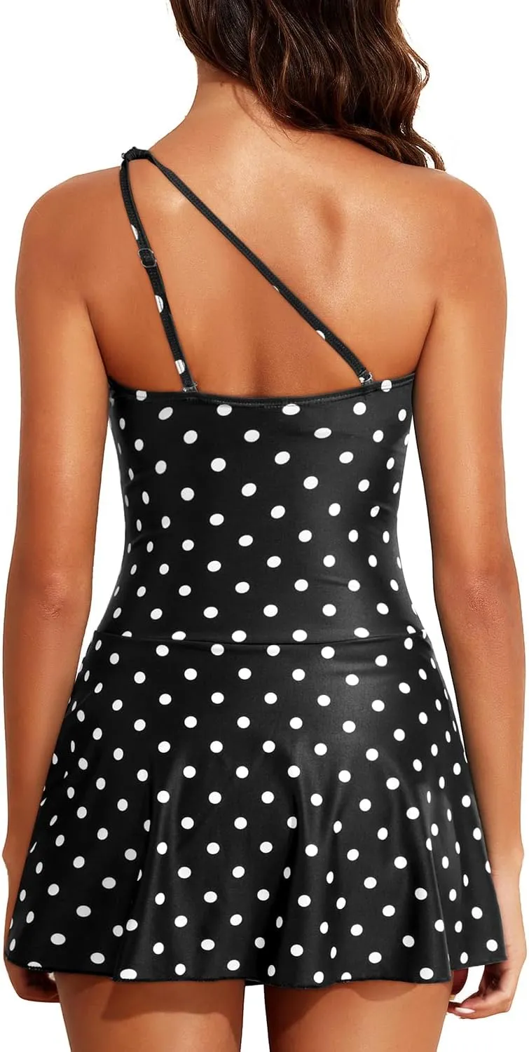 Tempt Me Women One Piece Swim Dress One Shoulder Swimsuit with Skirt Tummy Control Swimdress Bathing Suit