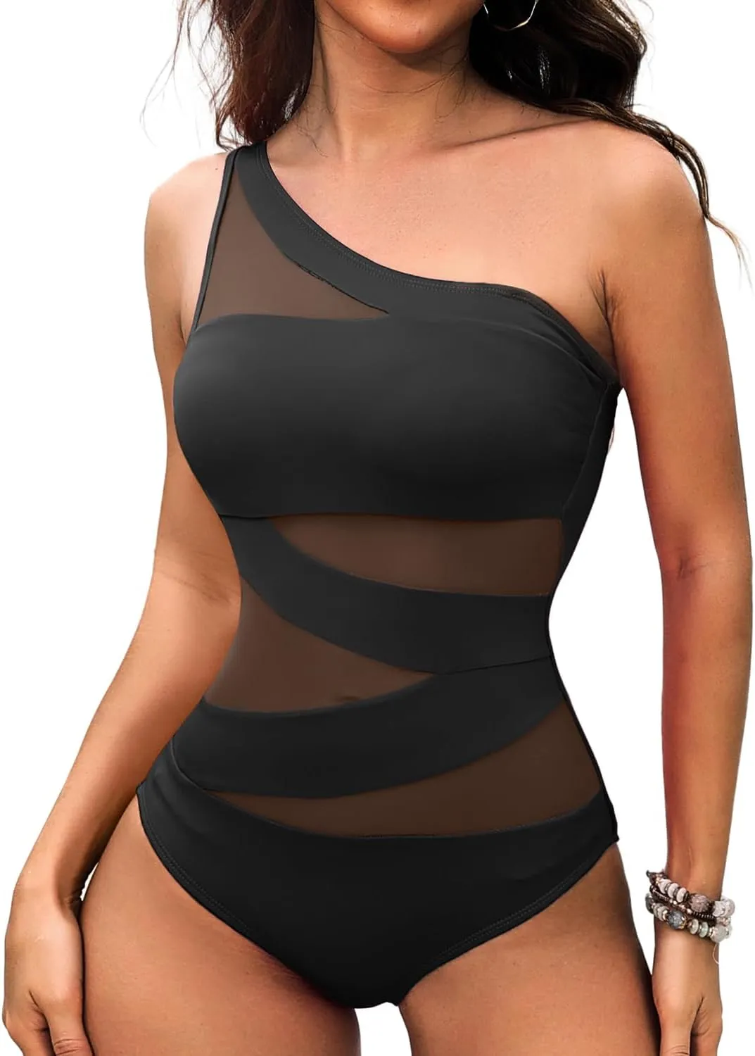 Tempt Me Women One Piece Swimsuit One Shoulder Bathing Suits Cutout Mesh Swimwear