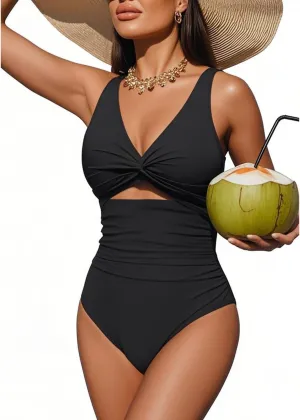 Tempt Me Women One Piece Swimsuits Tummy Control Cutout Bathing Suits Ruched V Neck Twist Front Swimwear