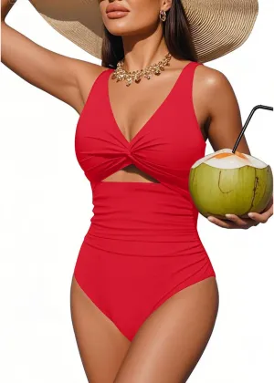Tempt Me Women One Piece Swimsuits Tummy Control Cutout Bathing Suits Ruched V Neck Twist Front Swimwear