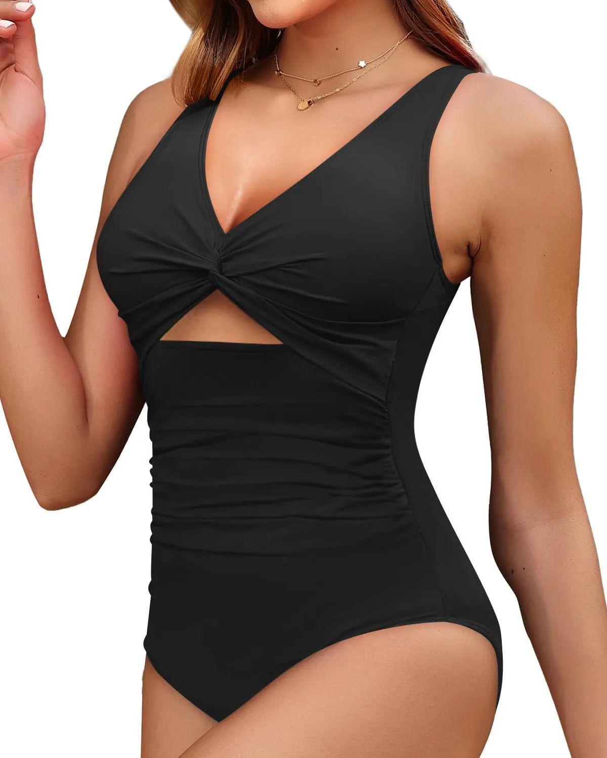 Tempt Me Women One Piece Swimsuits Tummy Control Cutout Bathing Suits Ruched V Neck Twist Front Swimwear