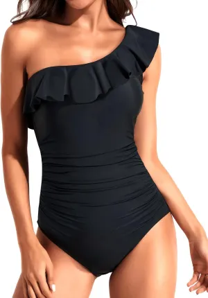 Tempt Me Women One Piece Swimsuits Tummy Control One Shoulder Bathing Suits Ruffle Swimwear