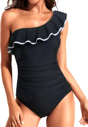 Tempt Me Women One Piece Swimsuits Tummy Control One Shoulder Bathing Suits Ruffle Swimwear