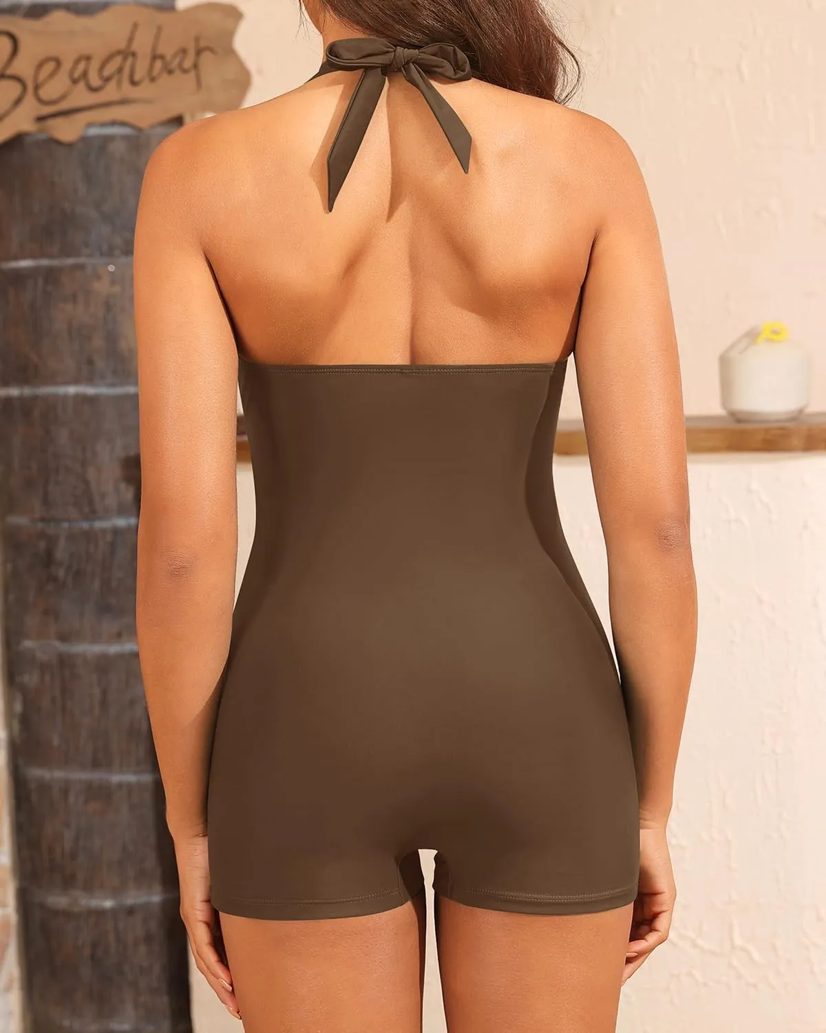 Tempt Me Women One Piece Swimsuits with Shorts Tummy Control Retro Bathing Suit Halter Boyleg Swimwear