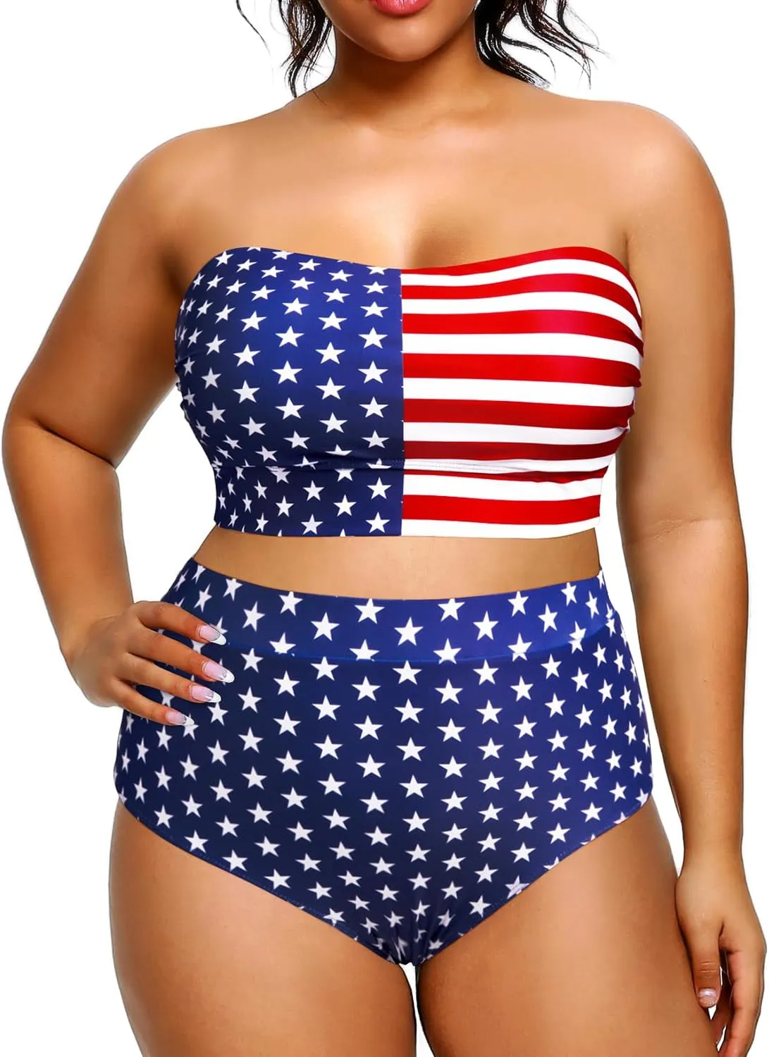 Tempt Me Women Plus Size High Waisted Bikini Bandeau Two Piece Swimsuit