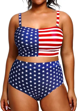 Tempt Me Women Plus Size High Waisted Bikini Bandeau Two Piece Swimsuit