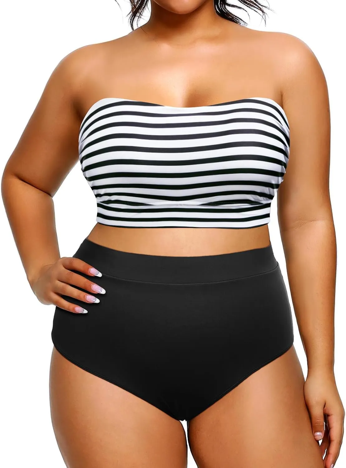 Tempt Me Women Plus Size High Waisted Bikini Bandeau Two Piece Swimsuit