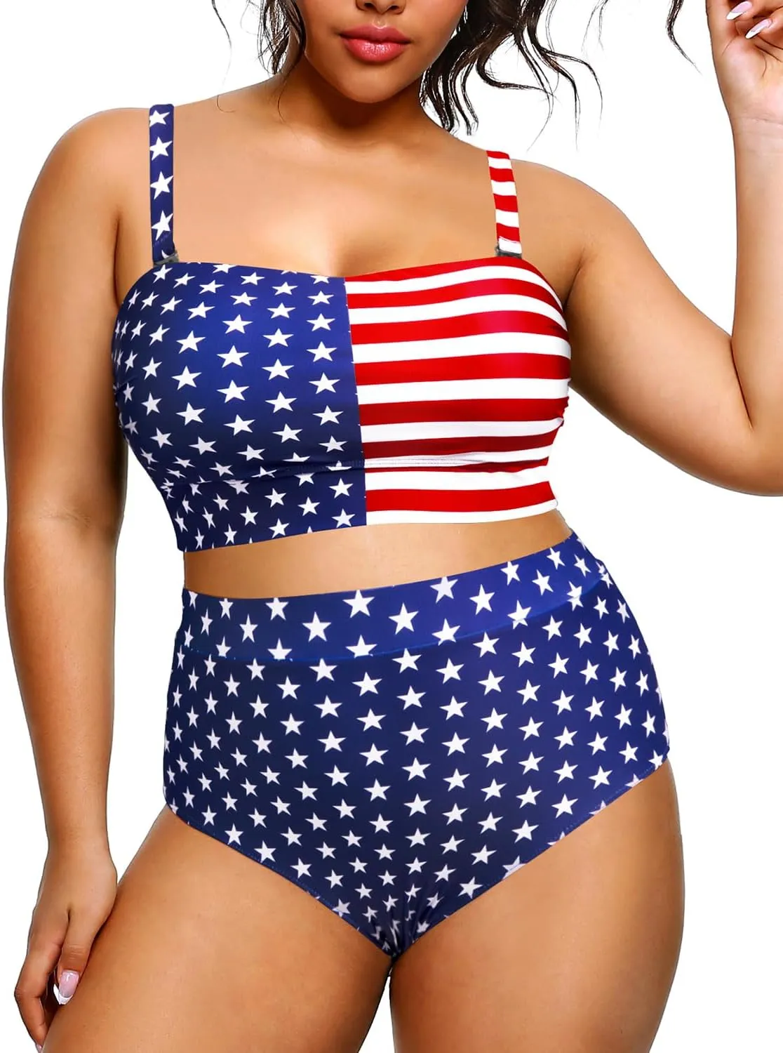 Tempt Me Women Plus Size High Waisted Bikini Bandeau Two Piece Swimsuit