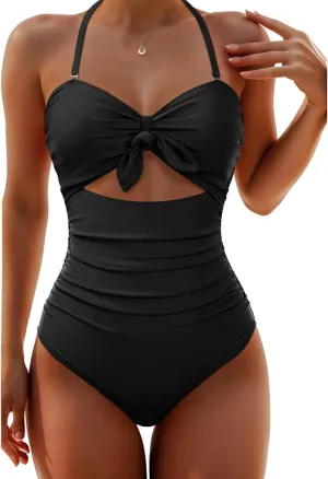 Tempt Me Women Sexy Cutout One Piece Swimsuits Tummy Control High Waisted Halter Front Tie Knot Bathing Suit