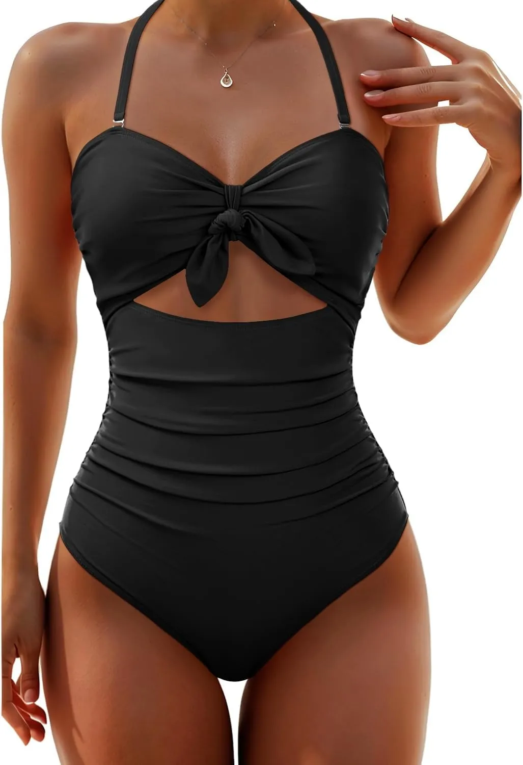 Tempt Me Women Sexy Cutout One Piece Swimsuits Tummy Control High Waisted Halter Front Tie Knot Bathing Suit