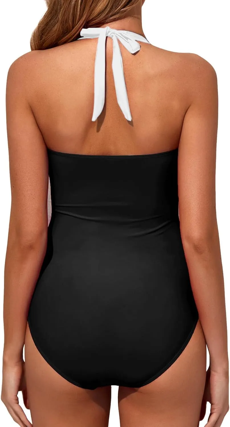 Tempt Me Women Tummy Control One Piece Swimsuits Push Up Slimming Bathing Suits Halter Vintage Swimwear