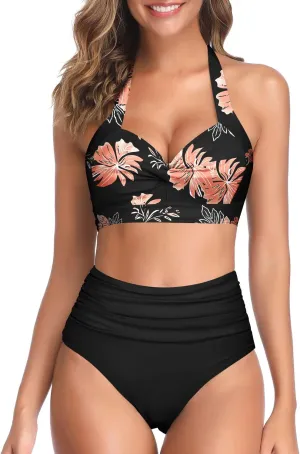 Tempt Me Women Two Piece Vintage Swimsuit Retro Halter Ruched High Waist Bikini with Bottom