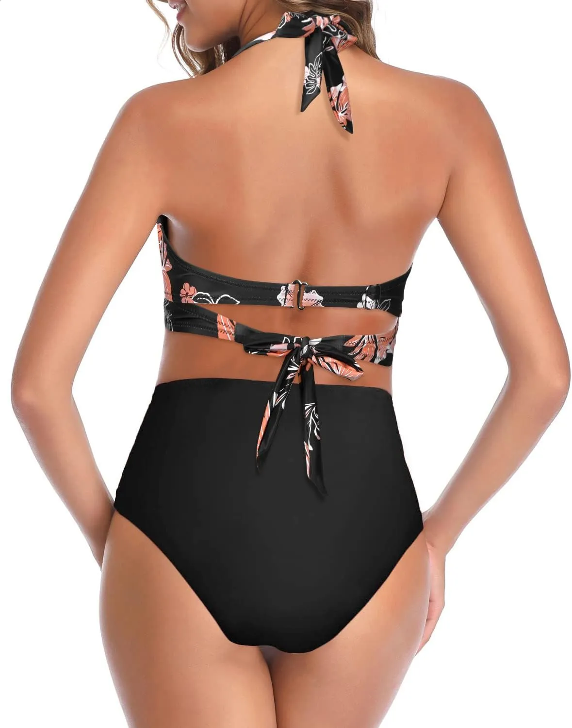 Tempt Me Women Two Piece Vintage Swimsuit Retro Halter Ruched High Waist Bikini with Bottom