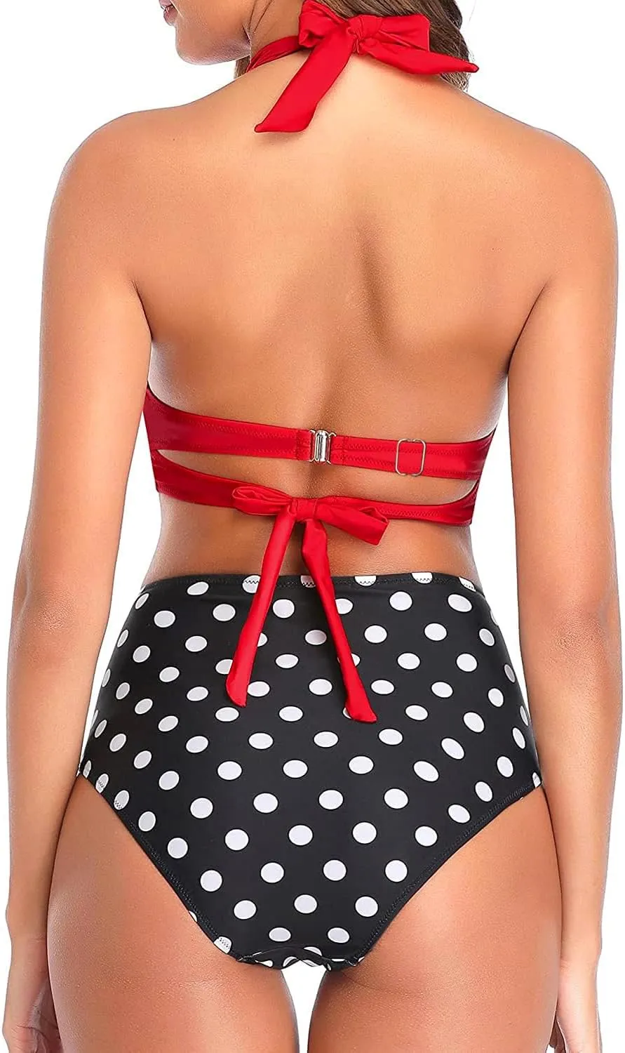 Tempt Me Women Two Piece Vintage Swimsuit Retro Halter Ruched High Waist Bikini with Bottom