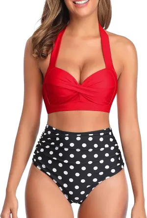 Tempt Me Women Two Piece Vintage Swimsuit Retro Halter Ruched High Waist Bikini with Bottom