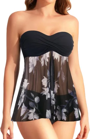 Tempt Me Womens Two Piece Bathing Suits Halter Bandeau Tankini Top Flyaway Swimsuit with Bottoms Tummy Control Swimwear