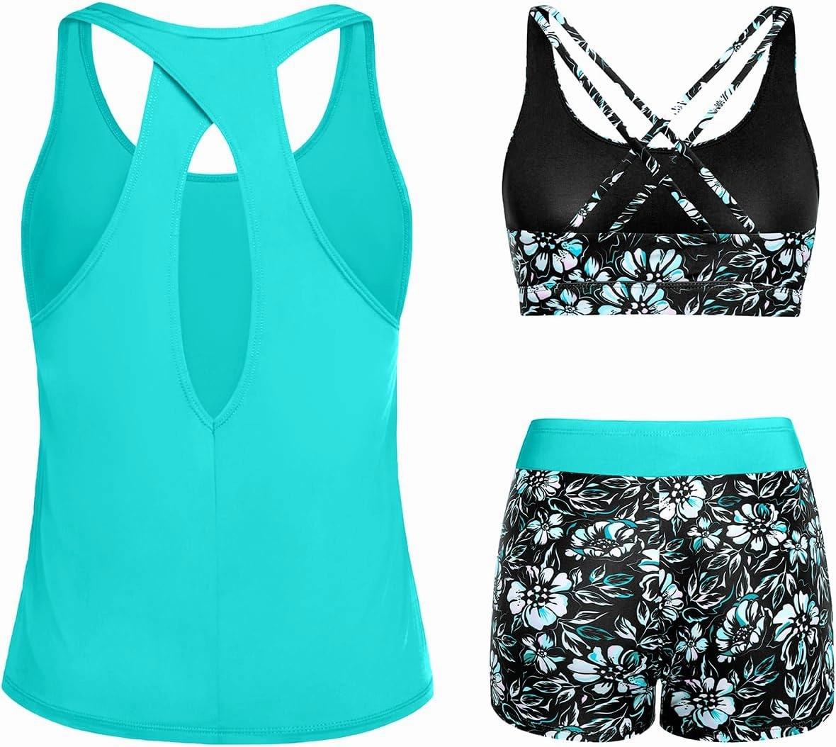 Tempt Me 3 Piece Tankini Swimsuits for Women Athletic Bathing Suits Swim Tank Top with Boy Shorts and Bra Modest Swimwear