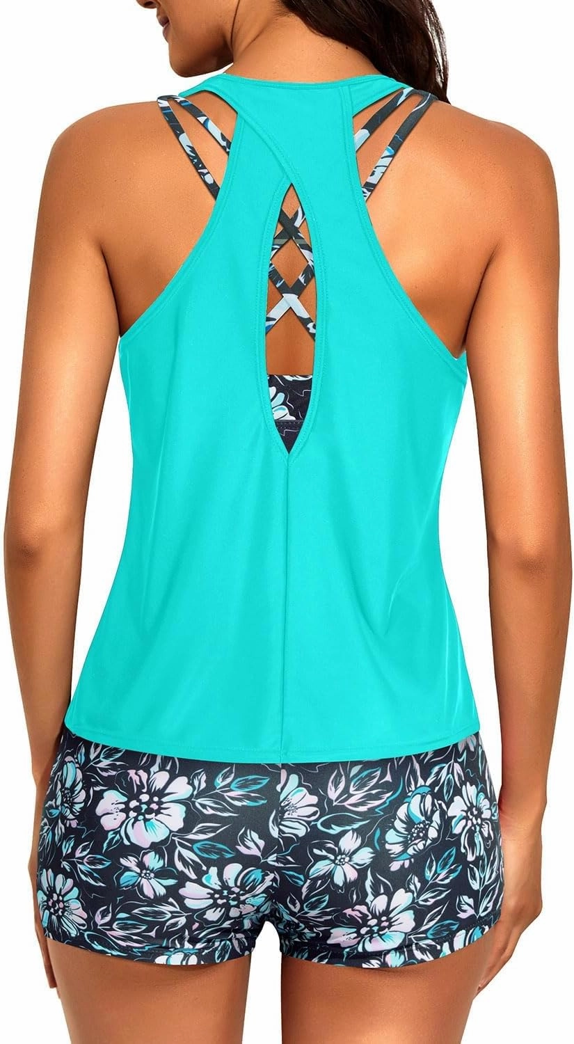 Tempt Me 3 Piece Tankini Swimsuits for Women Athletic Bathing Suits Swim Tank Top with Boy Shorts and Bra Modest Swimwear