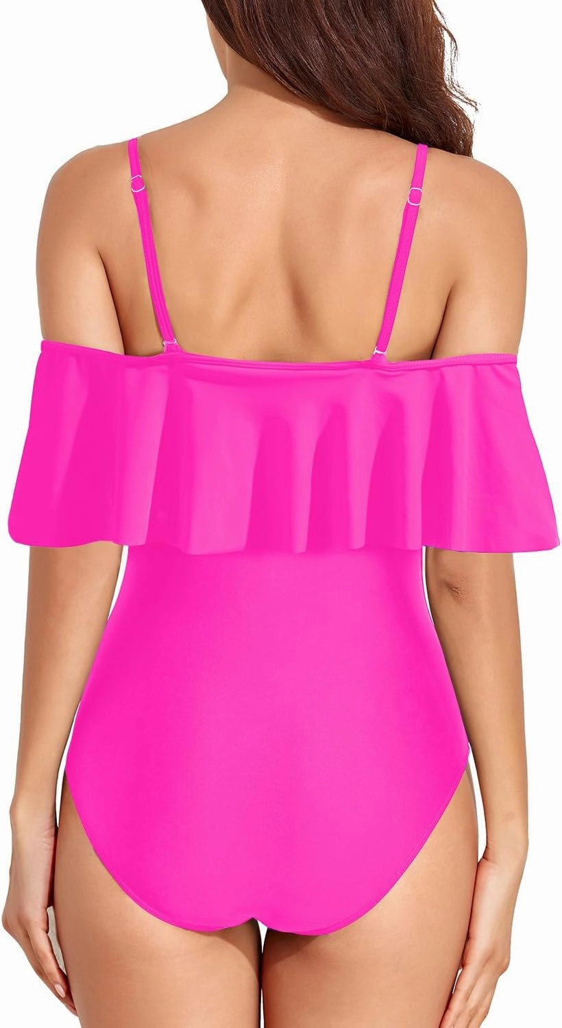 Tempt Me Off Shoulder One Piece Swimsuit for Women Ruffled Sleeves Retro Bathing Suits