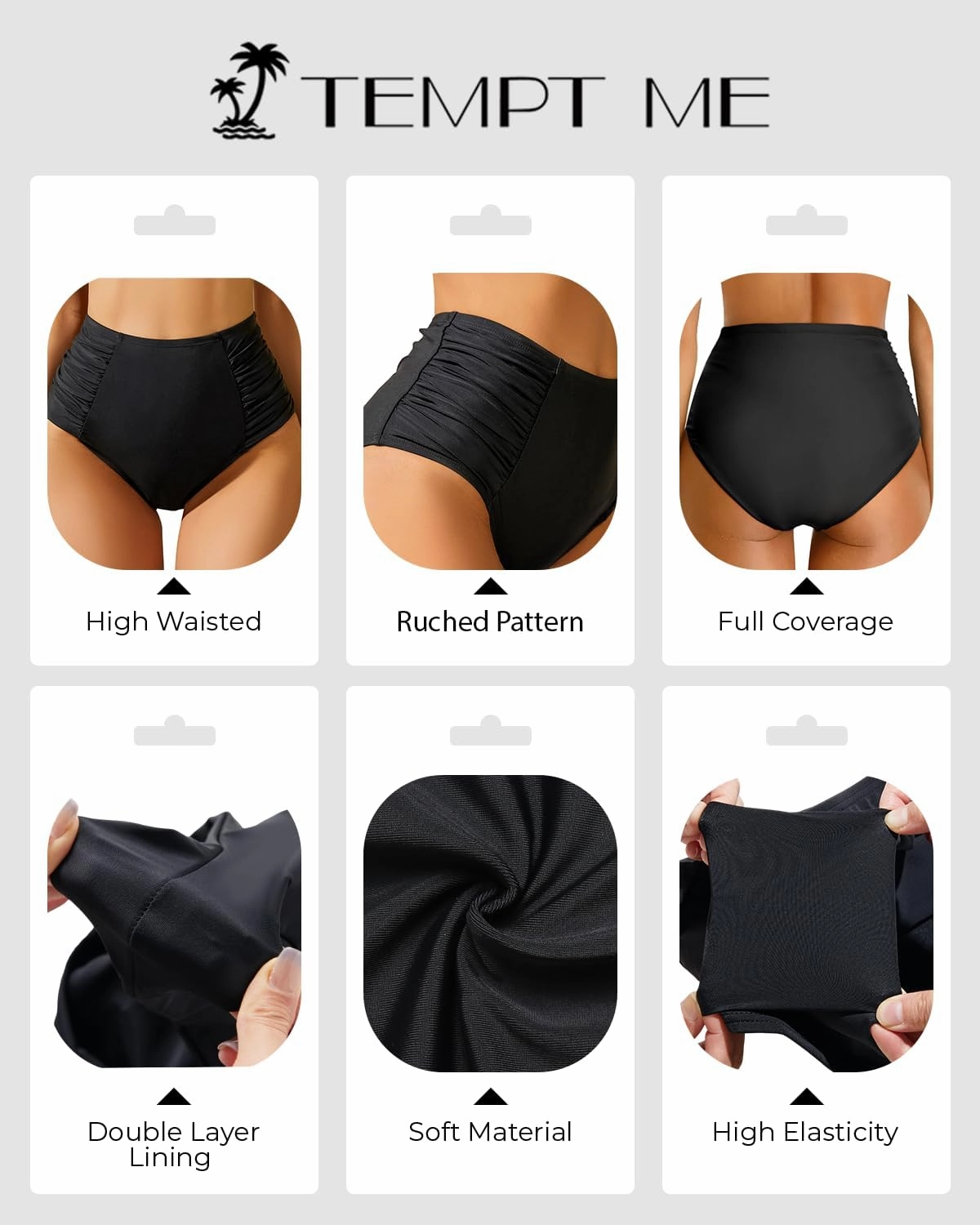 Tempt Me Women High Waisted Bikini Bottoms Full Coverage Swimsuit Bottoms Ruched Bathing Suit Bottom