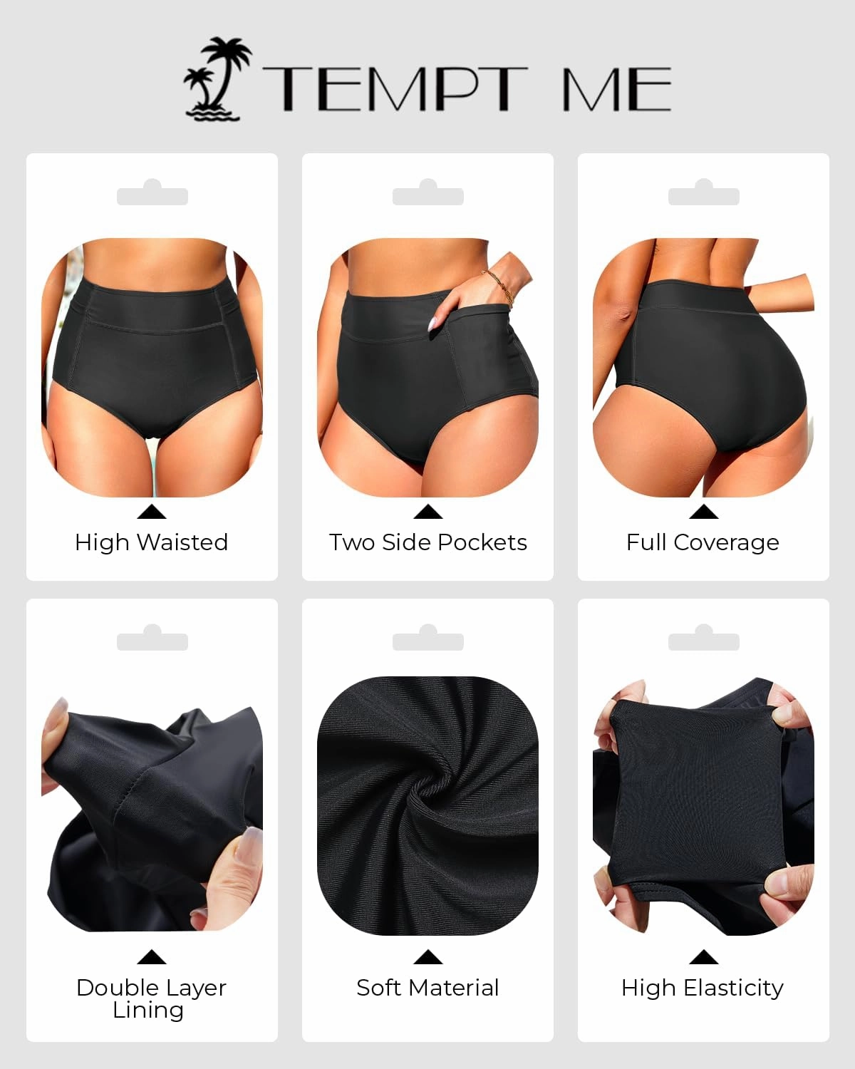 Tempt Me Women High Waisted Swimsuit Bikini Bottoms - Tummy Control Swim Bottom Full Coverage Bathing Suit with Pockets 2025