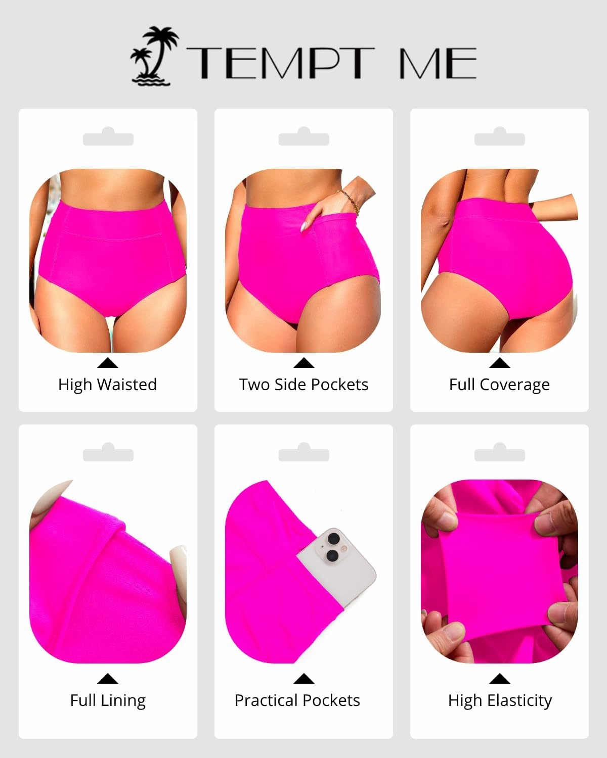 Tempt Me Women High Waisted Swimsuit Bikini Bottoms - Tummy Control Swim Bottom Full Coverage Bathing Suit with Pockets 2025
