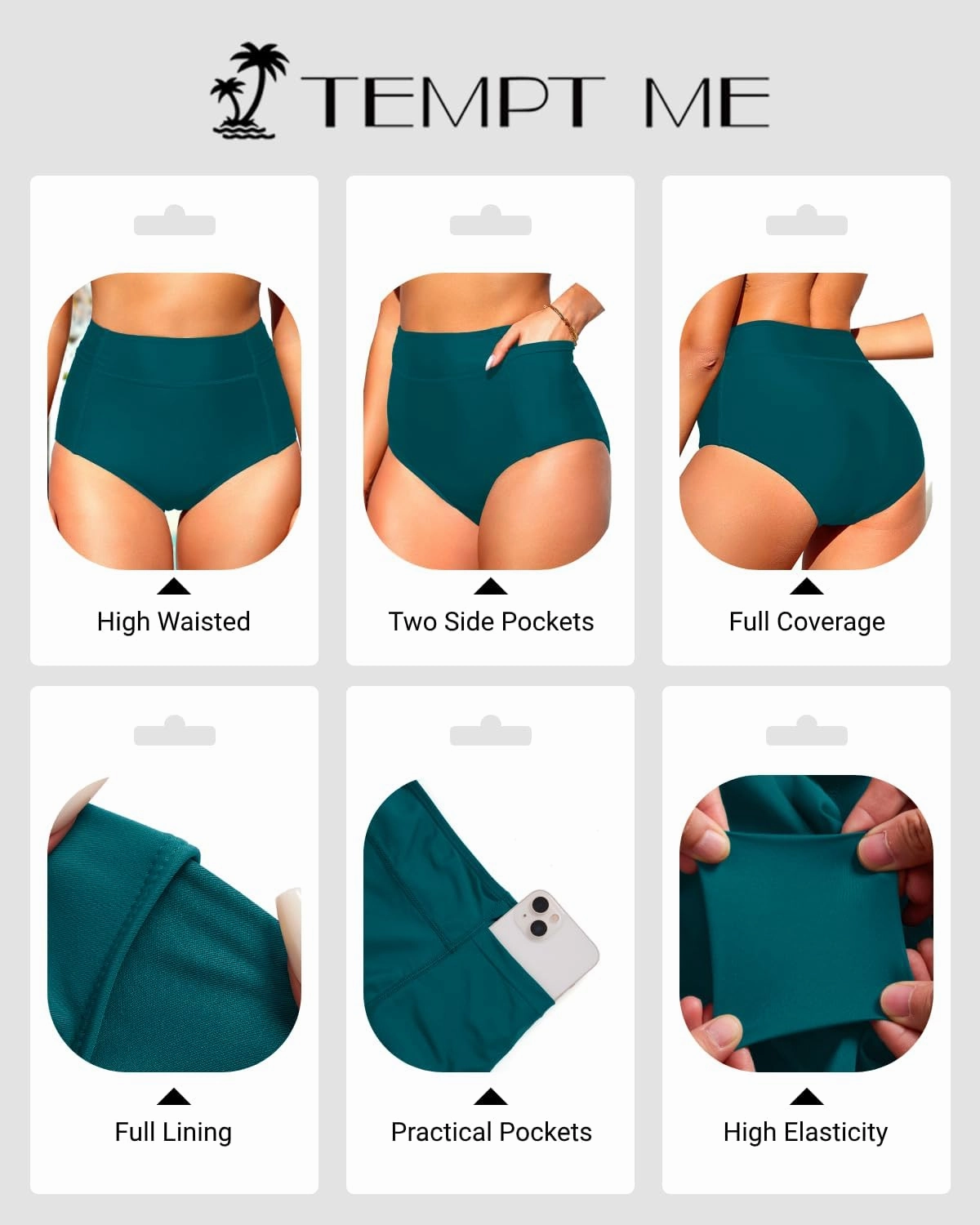 Tempt Me Women High Waisted Swimsuit Bikini Bottoms - Tummy Control Swim Bottom Full Coverage Bathing Suit with Pockets 2025
