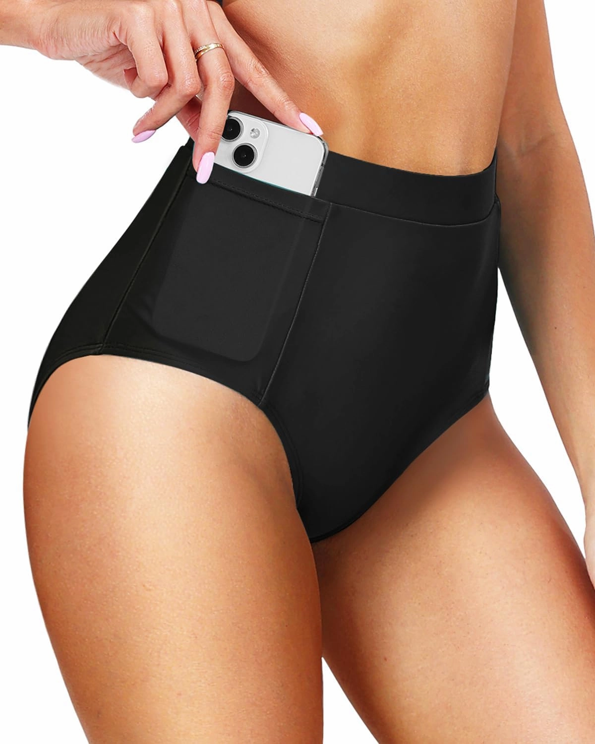 Tempt Me Women's High Waisted Bikini Bottom Full Coverage Tummy Control Swimsuit Bottom with Pockets