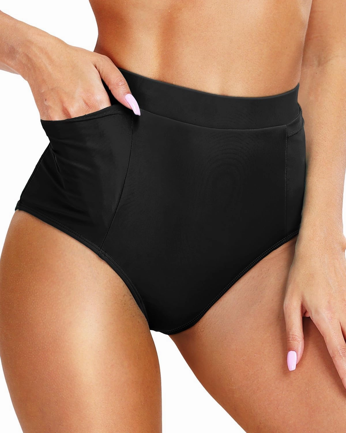Tempt Me Women's High Waisted Bikini Bottom Full Coverage Tummy Control Swimsuit Bottom with Pockets