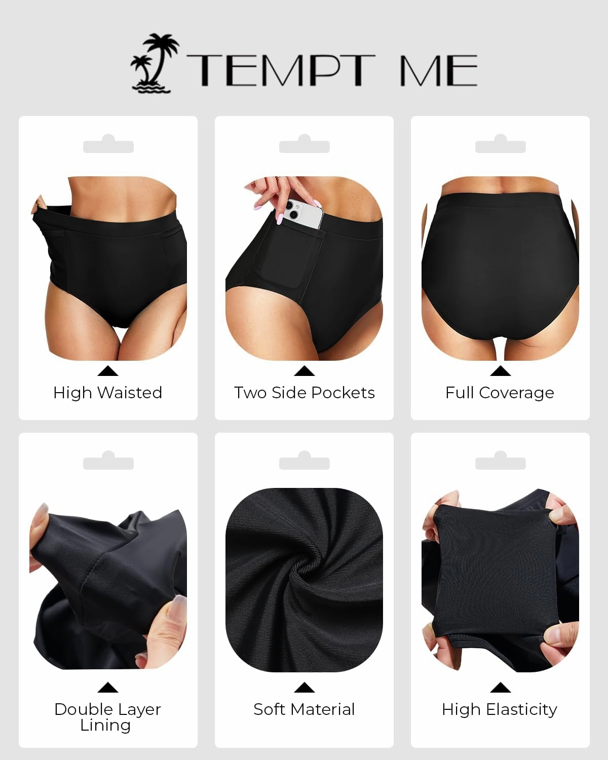 Tempt Me Women's High Waisted Bikini Bottom Full Coverage Tummy Control Swimsuit Bottom with Pockets