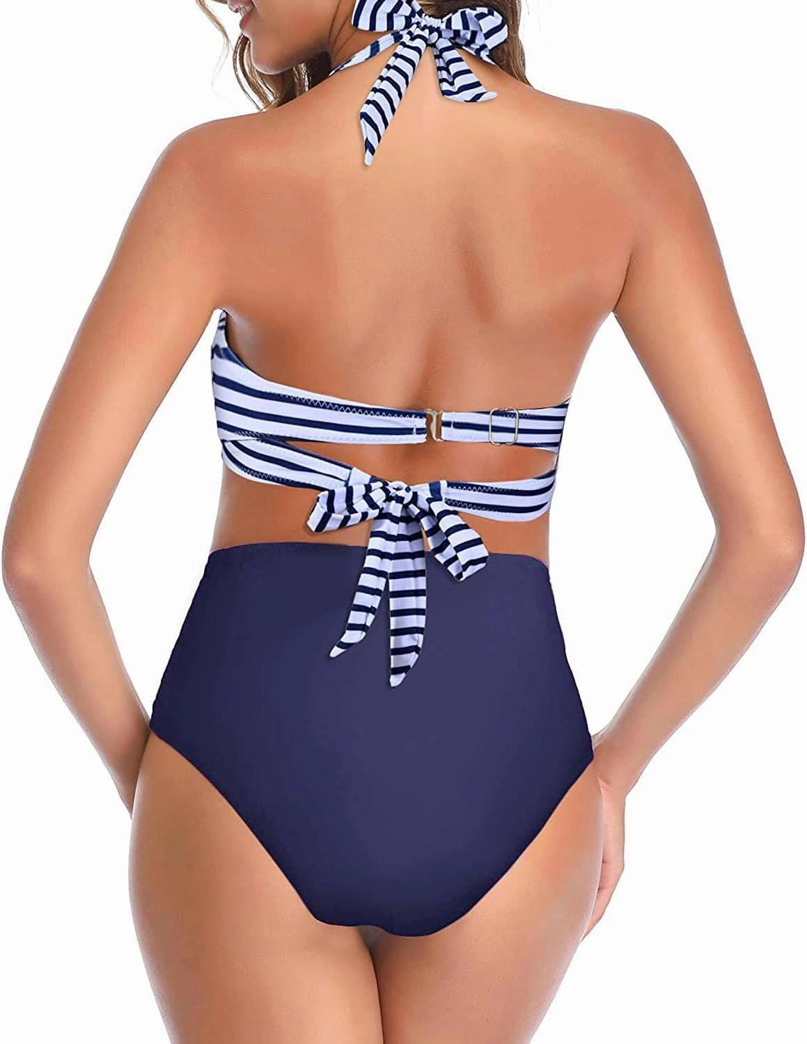 Tempt Me Women Two Piece Vintage Swimsuit Retro Halter Ruched High Waist Bikini with Bottom