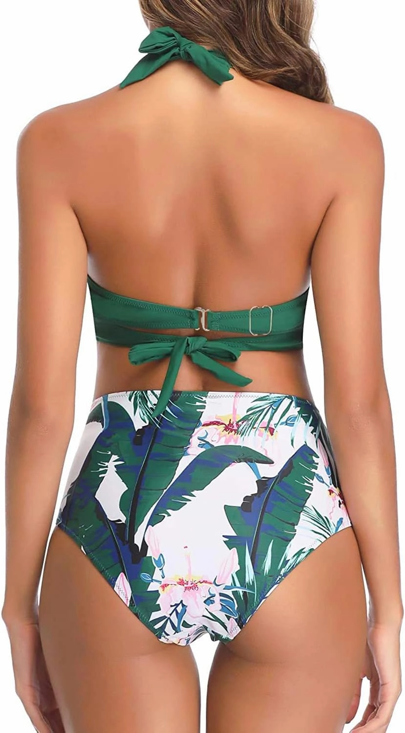 Tempt Me Women Two Piece Vintage Swimsuit Retro Halter Ruched High Waist Bikini with Bottom
