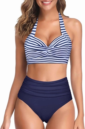 Tempt Me Women Two Piece Vintage Swimsuit Retro Halter Ruched High Waist Bikini with Bottom