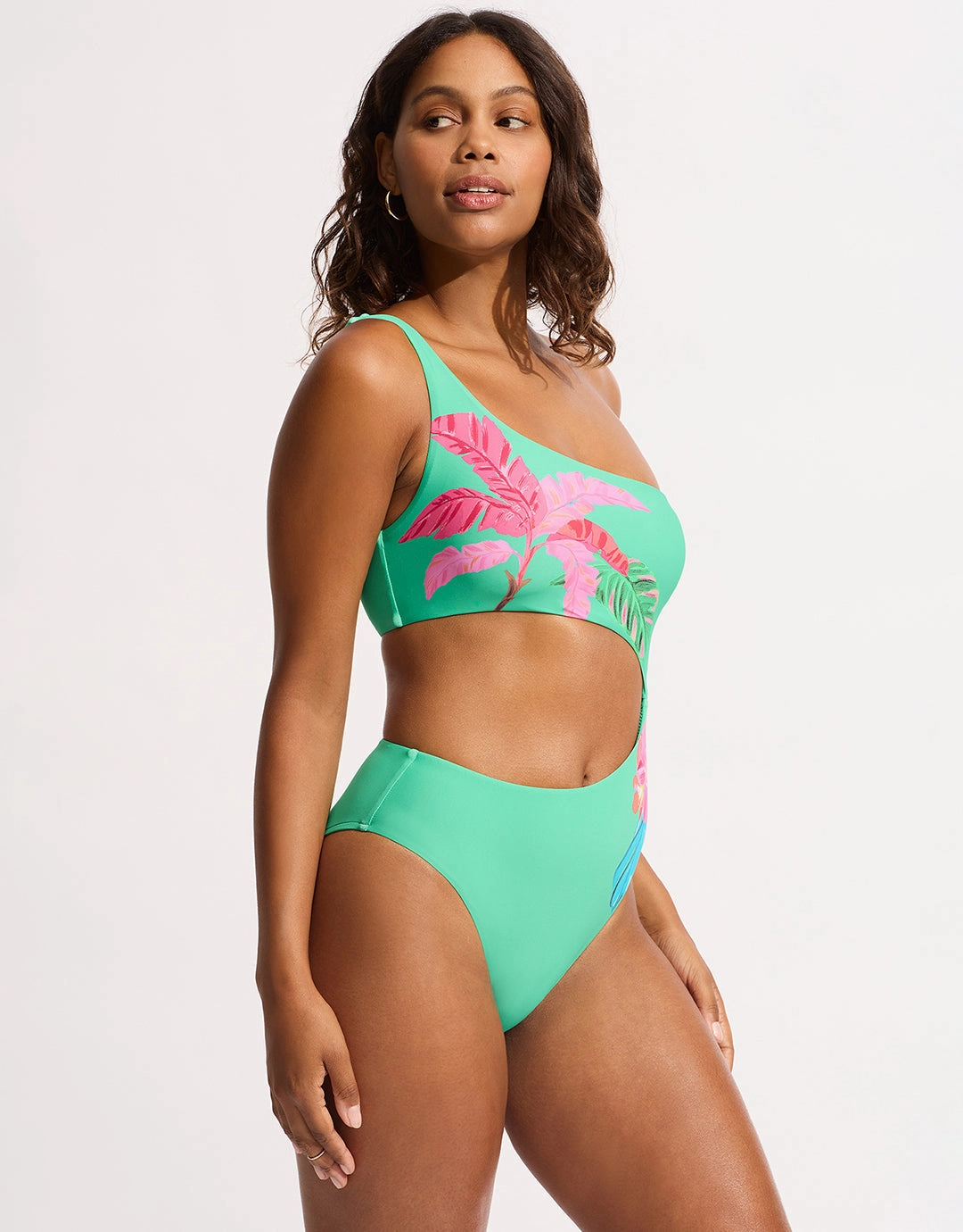 Tropica One Shoulder Cut Out Swimsuit - Jade