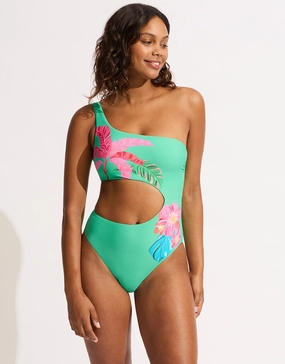 Tropica One Shoulder Cut Out Swimsuit - Jade