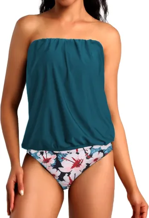 Two Piece Bandeau Tankini Swimsuits for Women Loose Blouson Swim Top with Bikini Bottom Tummy Control Bathing Suits