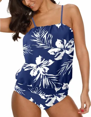 Two Piece Bandeau Tankini Swimsuits for Women Loose Blouson Swim Top with Bikini Bottom Tummy Control Bathing Suits