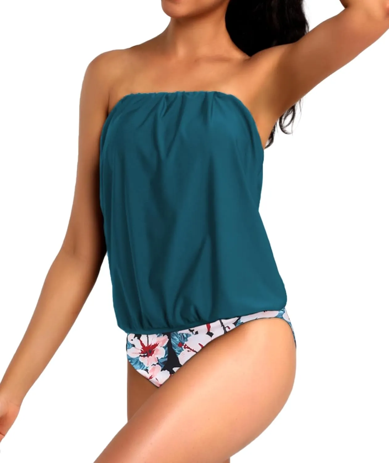 Two Piece Bandeau Tankini Swimsuits for Women Loose Blouson Swim Top with Bikini Bottom Tummy Control Bathing Suits