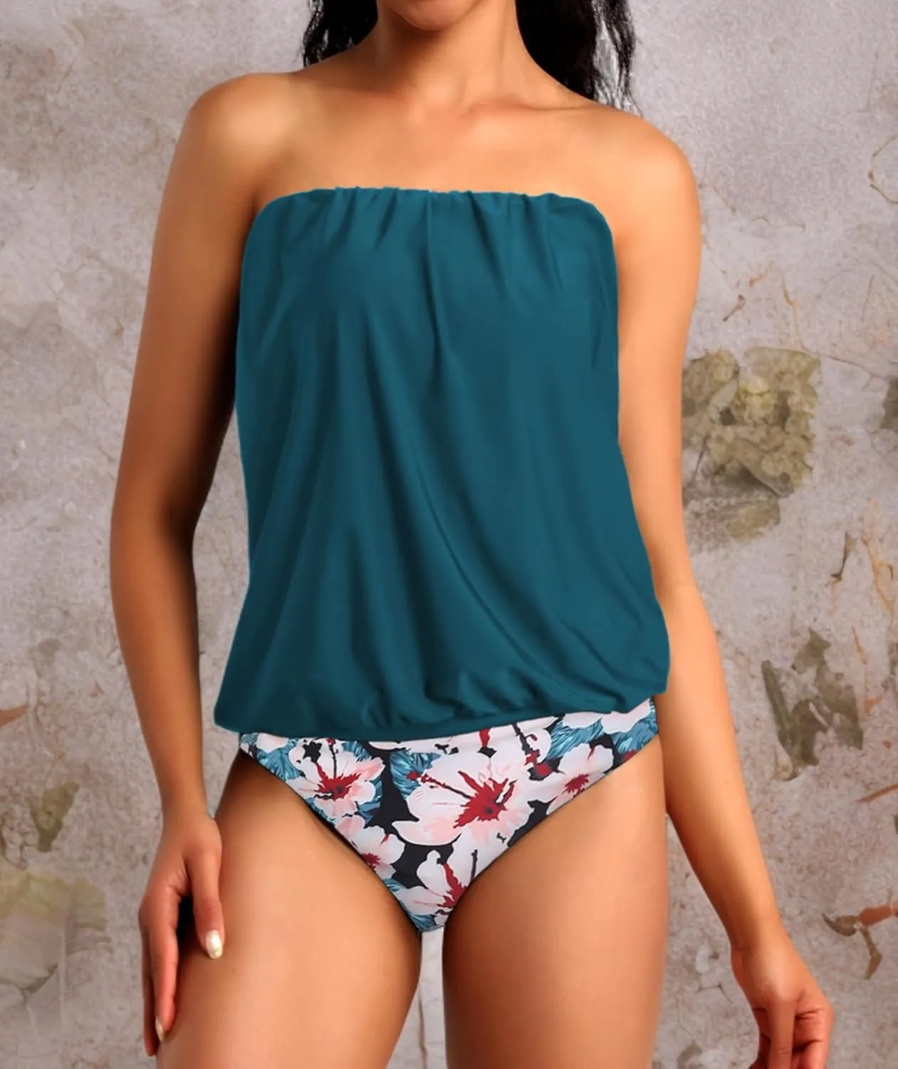 Two Piece Bandeau Tankini Swimsuits for Women Loose Blouson Swim Top with Bikini Bottom Tummy Control Bathing Suits