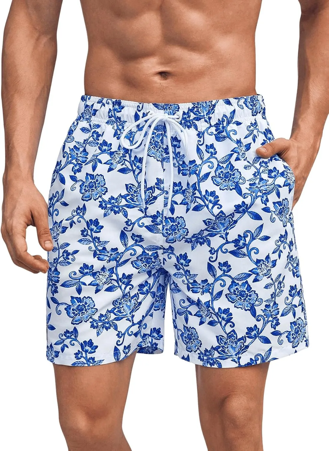 Verdusa Men's Colorblock Elastic Drawstring Waist Swim Trunks Summer Beach Board Shorts with Pockets