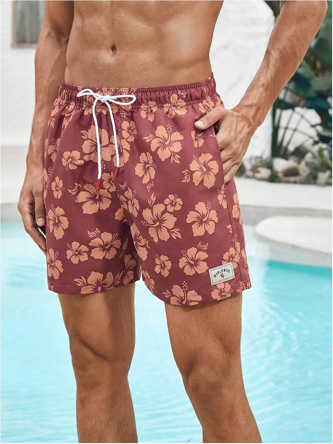 Verdusa Men's Colorblock Elastic Drawstring Waist Swim Trunks Summer Beach Board Shorts with Pockets