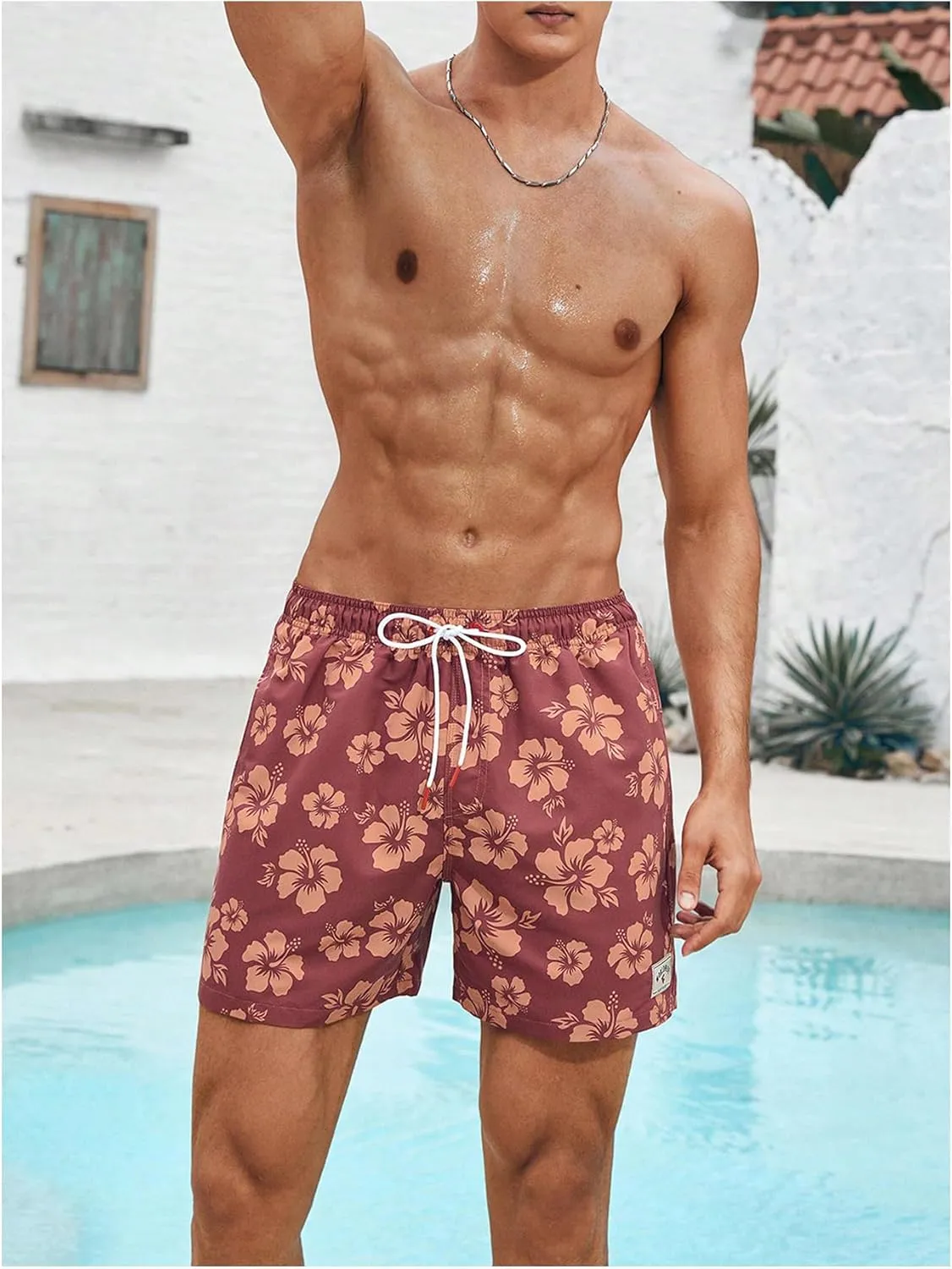 Verdusa Men's Colorblock Elastic Drawstring Waist Swim Trunks Summer Beach Board Shorts with Pockets