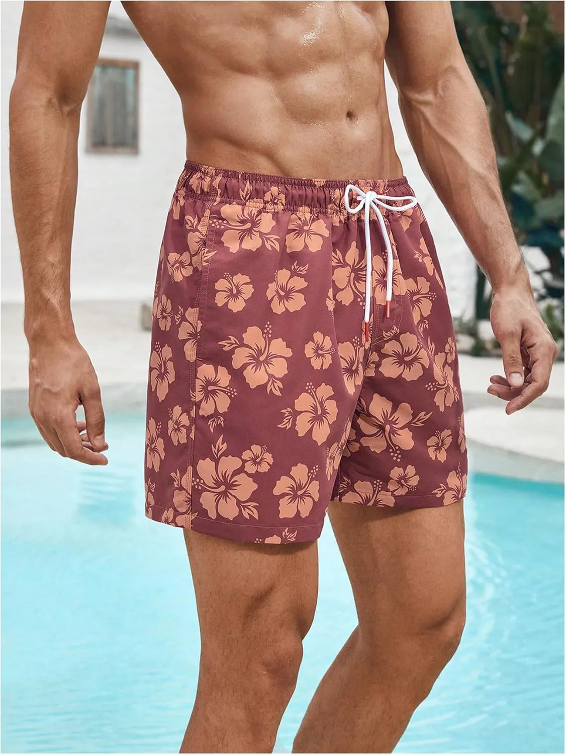 Verdusa Men's Colorblock Elastic Drawstring Waist Swim Trunks Summer Beach Board Shorts with Pockets