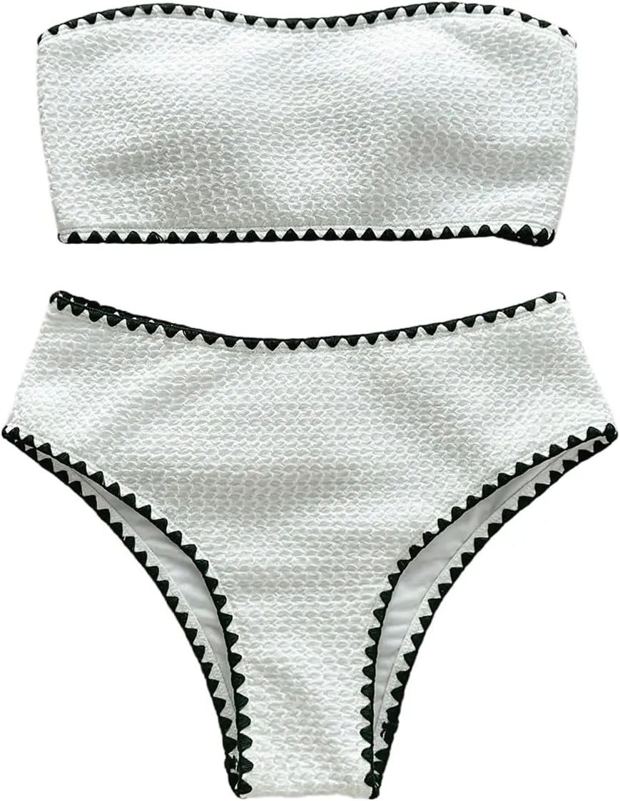 Verdusa Women's 2 Piece Strapless Bikini Sets Contrast Trim Bandeau Swimsuit Bathing Suits