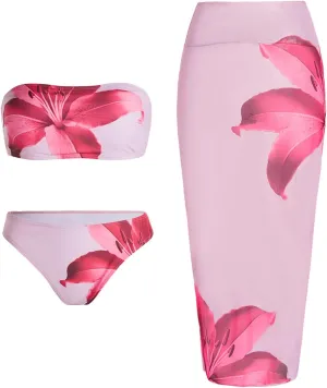 Verdusa Women's 3 Piece Floral Strapless Bikini Set Bandeau Swimsuit with Cover Up Skirt