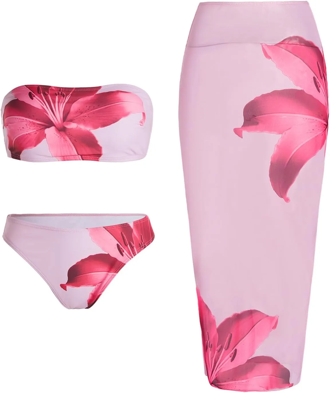 Verdusa Women's 3 Piece Floral Strapless Bikini Set Bandeau Swimsuit with Cover Up Skirt