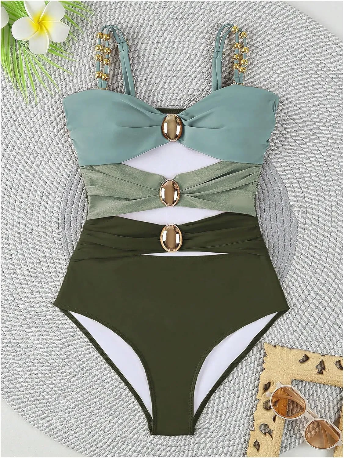 Verdusa Women's Cut Out Colorblock One Piece Swimsuit Ruched Swimwear Bathing Suit
